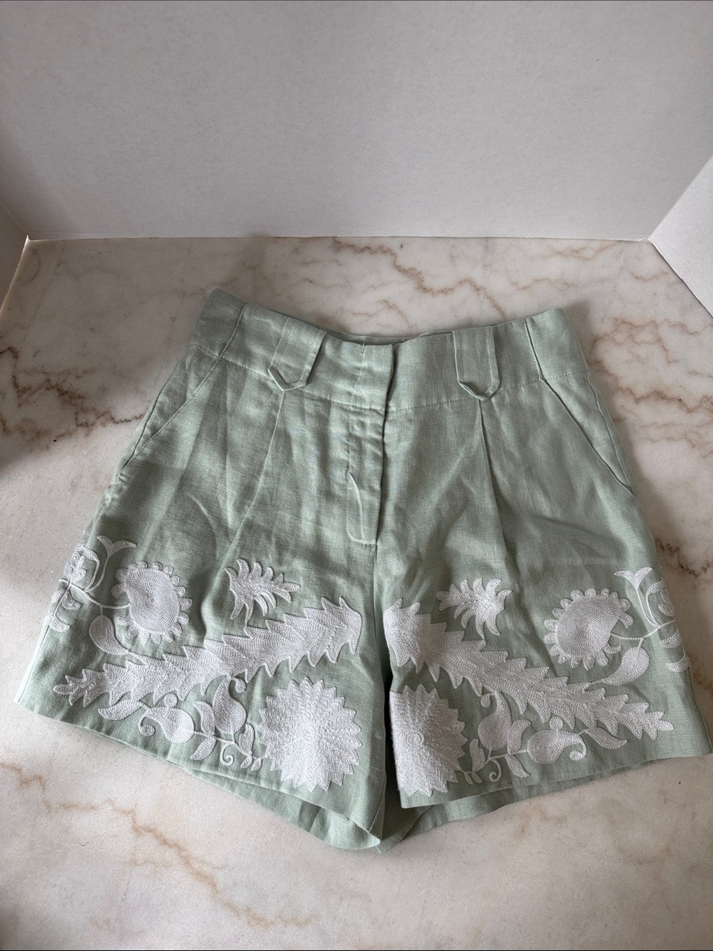Le Alx Women’s Mint Green Embroidered Linen Shorts